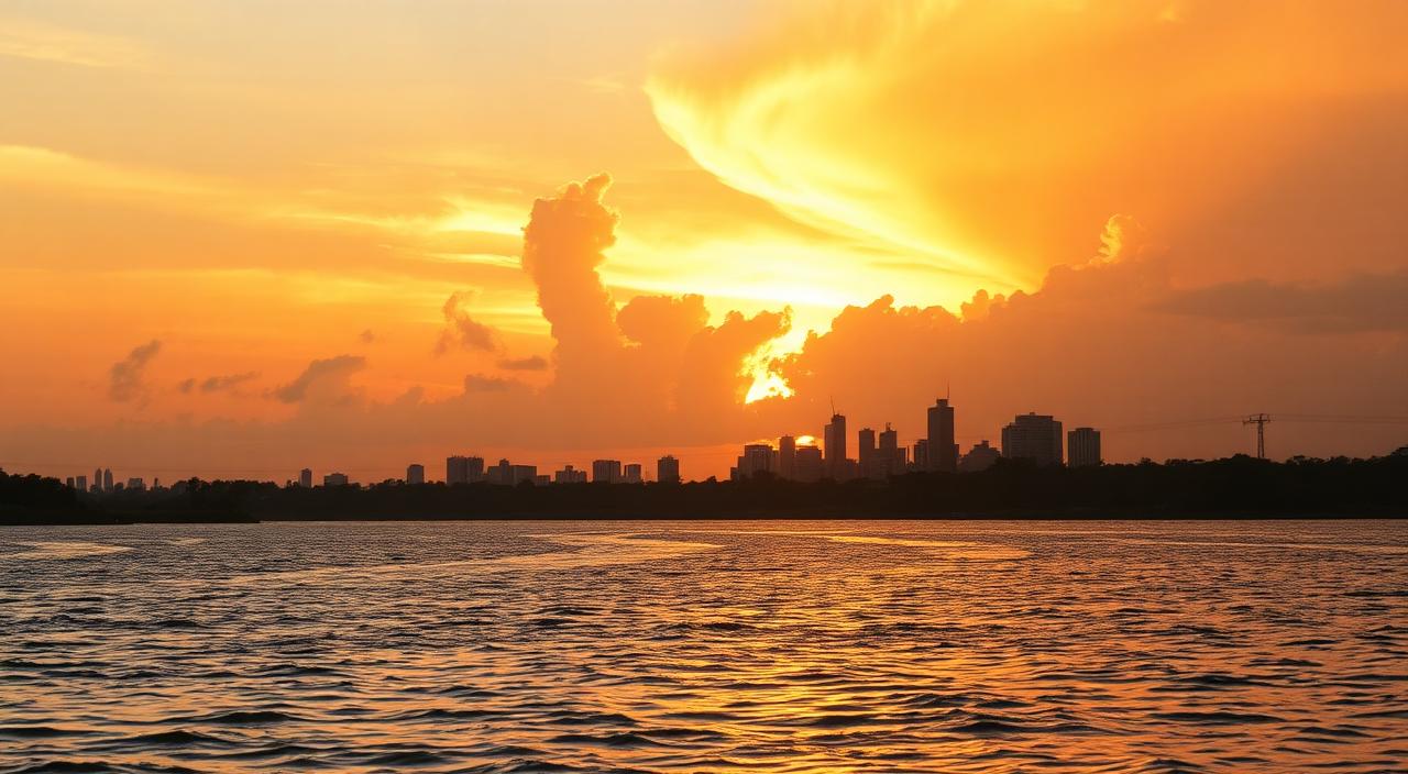 Skyline de Kinshasa au coucher du soleil sur le fleuve Congo